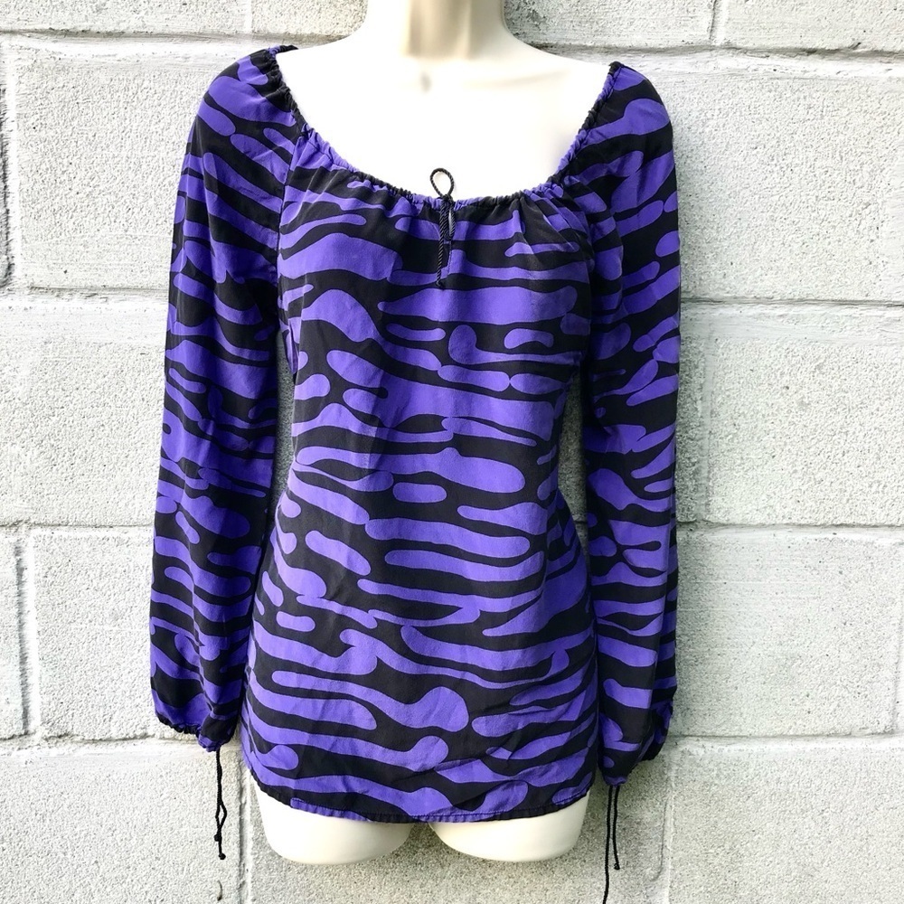 ANTHRO WHAT GOES AROUND COMES AROUND S Zebra Print Silk Blouse Black On Purple
